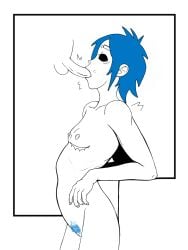 1boy 1cuntboy 2d_(gorillaz) black_eyes blowjob blue_hair cuntboy cuntboy/male gorillaz intersex male/male mastectomy_scar scars scars_on_chest sucking sucking_penis terrybleartz