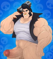 balls bara big_balls big_muscles big_penis black_hair boner brawl_stars bull_(brawl_stars) erection huge_cock male male_only muscles muscular nose_ring one_eye_closed pantsless penis penis_piercing pompadour precum sideburns solo solo_male taighet_28