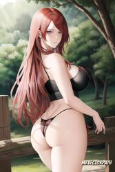 1girls ai_generated ass back_view bare_ass bare_shoulders bare_thighs big_ass blush bra female female_only fence g-string hair_ornament hairclip large_breasts light-skinned_female light_skin long_hair looking_at_viewer looking_back mature mature_female mature_woman milf mrvectorpath naruto naruto_(series) naruto_shippuden outdoors panties parted_lips presenting presenting_ass presenting_hindquarters purple_eyes rear_view red_hair redhead round_ass seducing seduction seductive seductive_eyes seductive_gaze seductive_look seductive_mouth seductive_pose seductive_smile sideboob thong tree underwear uzumaki_kushina very_long_hair voluptuous wooden_fence