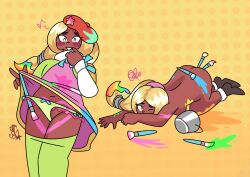 all_fours ass_up beret blonde_hair blush dark-skinned_female dark_skin fallen_down female female_only humanization humanized kirby_(series) kirby_star_allies lying_on_floor miraclemattr nintendo nintendo_switch nude nude_female object_in_ass object_in_pussy object_insertion on_the_floor paint paintbrush paintbrush_in_pussy panties ponytail ribbon skirt skirt_lift skirt_pull vividria