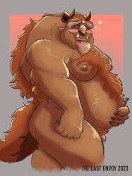 2023 anthro beast_(disney) belly big_belly blue_eyes blush body_hair chest_hair fangs genitals grin hand_on_stomach happy_trail hi_res horn looking_at_viewer male male_only mammal manly moobs naked nipples overweight overweight_male penis pubes simple_background smile solo standing teeth the_last_envoy thick_thighs