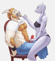 anthro anthro_only asgore_dreemurr asgoriel beard blonde_hair bodily_fluids body_hair boss_monster bottomwear bovid bra breasts caprine chair chest_hair clothing denim denim_clothing dominant dominant_female duct_tape duct_tape_gag duo edging erection facial_hair female female_anthro femdom finger_under_chin fur furry furry_only gag genital_fluids gentle_femdom goat goatee hair hairy_arms hairy_belly hand_on_chin horn jeans male male/female male_anthro malesub mammal moustache musclegut muscular nipples open_mouth pants penis precum pubes qwerty-0 shirt simple_background straight t-shirt tape tape_gag thong topwear toriel touching_chin undertale undertale_(series) underwear white_background white_body white_fur