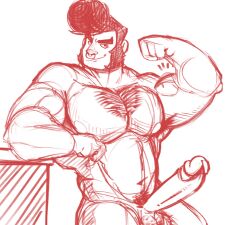 balls bara black_hair boner brawl_stars bull_(brawl_stars) chest_hair erection finnfoni flexing male male_only monochrome muscles muscular nose_ring nude penis pompadour sideburns solo solo_male