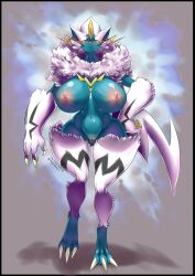 anthro areolae artist_name furry game_freak gray_background hand_on_hip huge_breasts looking_at_viewer mayo1nomor1 mythical_pokemon nintendo nipples pokémon pokemon pokemon_(species) pussy shiny_pokemon the_lost_artist thick_thighs video_games wide_hips yellow_eyes zacianswords zeraora