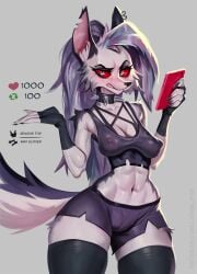 2d abs anthro black_nose black_pupils blush booty_shorts breasts canine canine_humanoid cellphone chipped_ear cleavage clenched_teeth collar demon digital_media_(artwork) ear_piercing eyebrow_scar eyebrows eyelashes female female_focus fur furry furry_female furry_only grey_body hair hellhound helluva_boss johnfoxart long_hair looking_at_viewer loona_(helluva_boss) mammal mammal_humanoid multicolored_body navel nipple_bulge plain_background red_sclera shorts silver_hair solo spiked_collar standing strip_game tagme tail thighhighs white_body white_eyes white_fur wolf wolf_humanoid