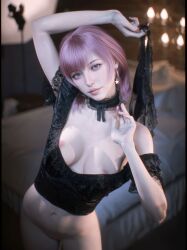 1girls 2023 3d bedroom black_panties bottomless breasts_out depth_of_field earrings female female_only holding_panties hoop_earrings indoors lace_choker looking_at_viewer medium_breasts no_bra panties pink_hair shoelac3 solo solo_female standing star_earrings