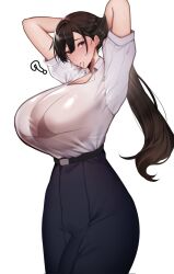 1futa big_penis breasts brown_hair bulge clothed clothing flaccid fully_clothed futa_only futanari huge_breasts human large_penis light-skinned_futanari light_skin long_hair looking_at_viewer niwada_(unbeller) original original_character penis see-through see-through_clothing skirt solo standing thick_thighs unbeller wide_hips