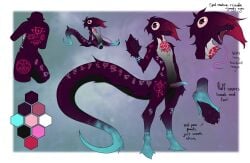 2021 absurd_res anthro blue_body blue_fur dr_sonne fluffy fur genitals googly_eyes grey_body grey_fur hi_res hindpaw long_tail long_tongue male markings model_sheet open_mouth paws penis purple_body purple_fur runes solo stellarvanner stringwyrm_(fireflufferz) tail tongue tuft