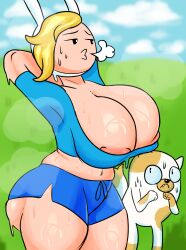 1girls 2girls adventure_time astroarts big_ass big_breasts big_butt blonde_hair cake_the_cat cartoon_network eyebrows eyelashes felid feline female female_only fionna_the_human_girl human large_ass large_breasts light-skinned_female light_skin looking_at_another multiple_girls nipple_bulge nipples pink_nipples shirt shorts sweat sweating thick_ass thick_thighs thighs tired wide_hips