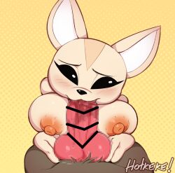 1boy 1girls aggressive_retsuko animal_genitalia animal_penis balls big_breasts big_penis black_eyes blowjob blush brown_fur censor_bar censored censored_penis eyebrows eyelashes female fenneko fox fox_tail furry haida hotkeke hotkeke1 knot large_breasts nipples penis red_nipples saliva sanrio tan_fur