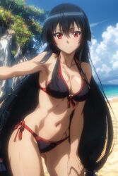 1girls ai_generated akame_(akame_ga_kill!) akame_ga_kill! alluring beach big_breasts bikini black_hair breasts cleavage day daytime female joker_(artist) light-skinned light-skinned_female long_hair navel posing red_eyes sky solo solo_female