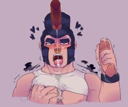 balls bara black_hair blush boner brawl_stars bull_(brawl_stars) colt_(brawl_stars) cum cum_in_mouth cum_on_face cum_on_tongue erection gay handjob male male_only muscles muscular nose_ring nsfw_doggo penis pompadour sideburns supercell tongue_out unexpected404