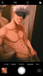 1boy abs blindfold iphone jujutsu_kaisen male male_focus male_only nude_selfie partially_undressed penis_peek pubic_hair pulling_down_pants satoru_gojo selfie smile sombre_slahc yaoi