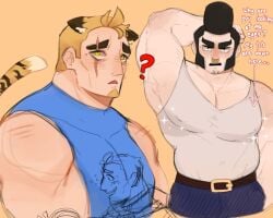 2boys animal_ears armpit bara big_pecs black_hair blush brawl_stars bull_(brawl_stars) debiruchopu gay grom_(brawl_stars) hand_behind_head male male_only muscles muscular nose_ring pompadour sideburns