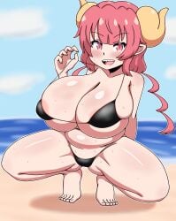 1girls alternate_version_available bikini bikini_bottom bikini_top black_bikini blush cleavage feet female female_only hair high_resolution highres horns huge_breasts ilulu_(dragon_maid) legs miss_kobayashi's_dragon_maid red_eyes red_hair short_hair shortstack solo swimwear thick_thighs thighs wet wet_body winzaku_(asakura)