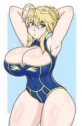 1girls alternate_version_available arms_behind_back artoria_pendragon big_breasts blonde_hair blush breasts cleavage clothing fate_(series) female female_only green_eyes hair hands_behind_head huge_breasts lips solo solo_female sweat sweatdrop thick_thighs thighs winzaku_(asakura)