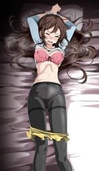 bed big_breasts blush bondage bound bra brown_hair crying hands_over_head imminent_rape long_hair nintendo panties_under_pantyhose pantyhose pokemon rape restrained rosa_(pokemon) skirt_down tears tights tsukishiro_saika