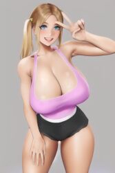 ai_generated big_breasts blonde_hair blue_eyes booty_shorts breasts busty curvy female female_only hanging_breasts hannah_reese hentai huge_breasts pale_skin parted_bangs peace_sign pink_tank_top sevenarts short_shorts smile thesevenartsx thick_thighs twintails