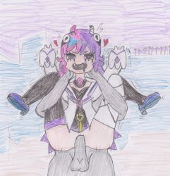 1boy 1girls anemone_(goonya_monster) fangs full_nelson goonya_monster hair_ornament heart heart-shaped_pupils horns multicolored_hair non-web_source penetration pink_hair purple_hair sex sharp_teeth teeth traditional_media traditional_media_(artwork) two-tone_hair unknown_artist