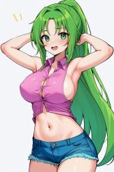 07th_expansion 1girls ai_generated armpits arms_behind_head big_breasts busty cleavage denim denim_shorts female female_only green_eyes green_hair higurashi_no_naku_koro_ni large_breasts legs long_hair midriff mion_sonozaki navel ponytail pose posing sensual sexy_armpits shorts sideboob sleeveless smile solo thighs voluptuous