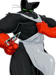 abs anthro apron apron_only black_nipples cartoon_network chest_tuft clothing domestic_cat felid feline felis gay gloves green_sclera handwear hi_res male mammal mao_mao:_heroes_of_pure_heart mostly_nude muscular muscular_arms muscular_male mymu666 nipples pecs red_clothing red_gloves red_handwear sheriff_mao_mao_mao solo solo_male spatula tenting tools tuft vo7gu46xduh36