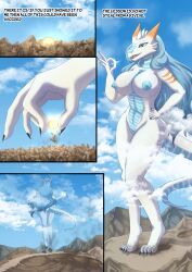 2023 5_fingers absurd_res anthro areola breasts cloud comic destruction digital_media_(artwork) eyebrows female fingers hair hi_res horn long_hair macro mountain nipples nude outside scalie solo son2j