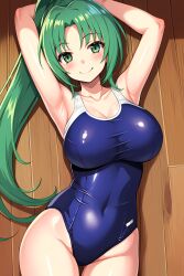 07th_expansion 1girls ai_generated armpits arms_behind_head big_breasts busty cleavage female female_only green_eyes green_hair higurashi_no_naku_koro_ni large_breasts long_hair mion_sonozaki one-piece_swimsuit ponytail pose posing sensual sexy_armpits smile solo swimsuit voluptuous