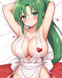 07th_expansion 1girls ai_generated armpits arms_behind_head big_breasts busty cleavage female female_only green_eyes green_hair higurashi_no_naku_koro_ni large_breasts long_hair lying mion_sonozaki naked_apron ponytail pose posing sensual sexy_armpits solo voluptuous