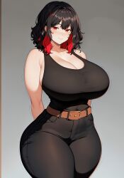 1girls ai_generated black_hair curvaceous curvy_body curvy_figure female_focus female_only hi_res high_resolution latex_trousers long_hair milf seductive_look stable_diffusion