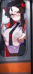 1boy 1girls big_breasts breast_grab breasts chikan cute female_focus glasses hi_res high_resolution highres hizake huge_breasts indoors kashu_(hizake) large_breasts light-skinned_female light_skin mozu_(hizake) oc original original_character pale-skinned_female pale_skin sidelocks subway tagme train