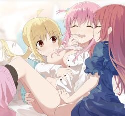 3girls blonde_hair blush bocchi_the_rock! breast_sucking breasts brown_eyes closed_eyes fff_threesome gotou_hitori group_sex hair_ornament highres ijichi_nijika kita_ikuyo large_breasts licking licking_another's_face multiple_girls pink_hair red_hair soha_(sirohase) threesome yuri