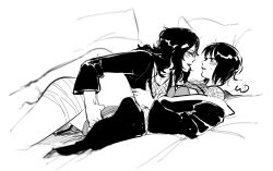 2girls black_hair blush bra embarrassed eye_contact female female/female female_only imminent_sex kimono kurenai_yuhi looking_at_another looking_at_partner lying_on_back lying_on_bed lying_on_person may_c_(lovemeiko) monochrome multiple_girls naruto naruto_(series) naruto_shippuden panties panty_pull removing_panties shirt shirt_lift shizune undressing undressing_another undressing_partner yuri yuuhi_kurenai