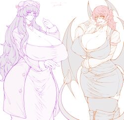 2girls cleavage elun_(meido) female female_only hyper_breasts koakuma nipple_bulge patchouli_knowledge sketch touhou venus_body