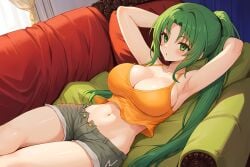 07th_expansion 1girls 2020s 2023 ai_generated anime armpits arms_behind_head big_breasts bird's-eye_view blank_expression blush busty cleavage day denim_shorts female female_only front_view green_eyes green_hair grey_bottomwear higurashi_no_naku_koro_ni indoors large_breasts laying_on_back legs_together light-skinned_female light_skin living_room long_hair lying lying_down manga midriff mion_sonozaki navel orange_topwear ponytail pose posing sensual sexy_armpits shiny_hair shiny_skin shorts sleeveless_shirt solo solo_female tank_top tomboy voluptuous