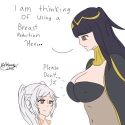 2girls :( black_hair bodystocking breast_reduction breast_reduction_surgery_(meme) breasts brown_eyes cape cleavage english_text female female_only fire_emblem fire_emblem_awakening frown grey_hair haruka1556 large_breasts long_hair medium_hair meme multiple_girls nintendo robin_(fire_emblem) robin_(fire_emblem)_(female) sad text tharja_(fire_emblem) yuri