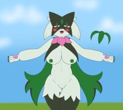 absurd_res anthro areola big_breasts blush breasts claws cloud cute_fangs female fur genitals green_body green_fur hi_res kamek_sans looking_at_viewer mask meowscarada nintendo nipples nude outside pawpads petals pink_eyes pokémon_(species) pokemon pokemon_sv pussy solo thick_thighs wide_hips