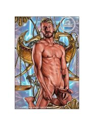 1boy balls completely_nude crown erection feet kneeling looking_at_viewer muscular_male nipples solo zodiac