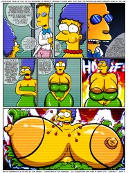 1boy 1girls areolae ass_expansion being_recorded blue_hair breast_expansion breasts_out brompolos chapter_1 comic expansion expansion_sequence exposed_breasts female huge_areolae huge_breasts juni_draws male marge_simpson mother_and_son necklace page_11 professor_frink recording ripped_clothes ripped_clothing size_difference the_simpsons yellow_body