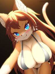 2023 absurd_res adorable anthro big_breasts bikini blep blue_eyes blush breasts brown_hair cheek_tuft clothing cute cute_face digital_media_(artwork) domestic_cat facial_tuft faroula_twitt felid feline felis female female_anthro female_only fur hair hanging_breasts hi_res huge_breasts inner_ear_fluff kemono licking licking_lips long_hair looking_at_viewer low-angle_view mammal multicolored_body multicolored_fur naughty_face navel pupils sling_bikini slit_pupils solo solo_female swimwear tan_body tan_fur tongue tongue_out translated_description tuft two_tone_body two_tone_fur whiskers white_body white_fur