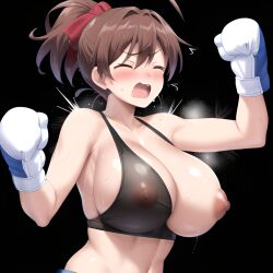 1girls ai_generated areolae big_breasts blush boxing boxing_gloves brown_hair closed_eyes embarrassed female female_only gloves hair_bow huge_breasts large_breasts light-skinned_female light_skin nip_slip nipple_slip nipples novelai open_mouth ponytail short_hair solo solo_female torn_shirt white_boxing_gloves white_gloves