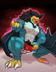 2023 4_fingers 4_toes abs abstract_background anthro ass bat beckoning biceps black_mane blue_body blue_fur bulge chest_tuft claws clothing clothing_pull crouching cute_fangs digital_drawing_(artwork) digital_media_(artwork) feet finger_claws fingers front_view fur gesture grin hi_res jockstrap looking_at_viewer male mammal mane markings membrane_(anatomy) membranous_wings monroe_lehner mostly_nude multicolored_body multicolored_fur muscular muscular_male pecs pubes pupils quads red_eyes sharp_teeth signature simple_background slit_pupils smile solo stripes teeth toe_claws toes tuft underwear underwear_pull undressing wing_claws wings yellow_body yellow_fur yellow_markings yellow_stripes yellowluster