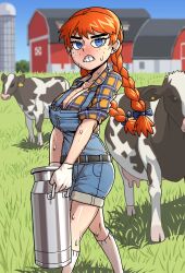 1girls bbtan blue_eyes cleavage clothed cows farm farm_girl farmer farmgirl female female_focus female_only flannel_shirt freckles freckles_on_breasts judy_(bbtan) orange_hair overalls solo solo_focus sweat white_socks