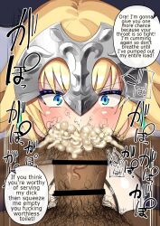 1boy 1girls blonde_hair blue_eyes blush braid braided_hair braided_ponytail breasts cleavage cum cum_in_mouth cum_overflow cumdump dark-skinned_male deepthroat earrings fate/apocrypha fate/grand_order fate_(series) fellatio femsub huge_cock interracial jeanne_d'arc_(fate) jeanne_d'arc_(fate)_(all) jewelry large_breasts long_hair looking_at_viewer maledom ninopal oral ponytail pubic_hair stray_pubic_hair text throat_fuck translated