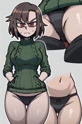 1girls 2d ai_generated angry big_breasts black_thong breasts brown_hair chara color embarrassed gardener_ai green_sweater hands_in_pockets helltaker_(style) midriff multiple_angles navel no_pants panties red_eyes short_hair stable_diffusion sweater thick_thighs thong turtleneck undertale undertale_(series) wide_hips