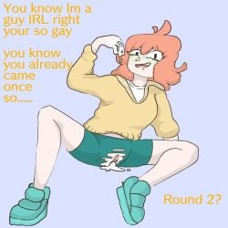 cum cum_in_pussy cum_inside cum_on_hand drawfag drawthread_request english_text female no_shading orange_hair pussy ripped_clothing rule_63 shen_(shencomix) shencomix shoes text torn_clothes torn_clothing triangle_nose yellow_text