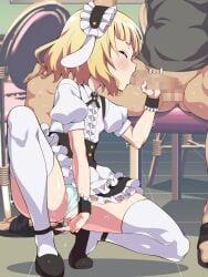 1boy black_footwear black_shirt blonde_hair blue_panties blunt_bangs censored chair closed_eyes clothed_sex clothing_aside fellatio female female_masturbation fingering fingering_self gochuumon_wa_usagi_desu_ka? hemonemo indoors kirima_sharo kirima_syaro maid maid_headdress masturbating_during_fellatio masturbation mosaic_censoring oral panties panties_aside penis pussy sandals shirt shoes short_hair sitting solo_focus squatting straight sweat thighhighs underwear white_thighhighs