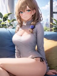 1girls ai_generated black_panties blush breasts brown_hair cleavage female genshin_impact green_eyes indoors jordan53 large_breasts light-skinned_female light_skin lisa_(genshin_impact) long_hair looking_at_viewer panties side_ponytail smile stable_diffusion sweater thighs