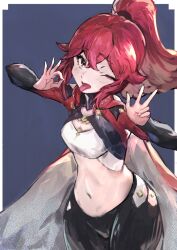 1girls anna_(fire_emblem) anna_(fire_emblem_engage) black_pants blue_background breasts cape cola_bcde commentary_request cowboy_shot crop_top female female_only fire_emblem fire_emblem_engage hair_between_eyes leggings long_hair long_sleeves looking_at_viewer medium_breasts midriff navel nintendo ok_sign one_eye_closed pants ponytail red_hair solo standing stomach tongue tongue_out w