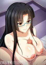 1boy 1girls artist_name black_hair breasts censored closed_mouth collarbone completely_nude erbiek female female_focus glasses high_school_dxd highres large_breasts long_hair minaisu mosaic_censoring nipples nude paizuri paizuri_lead_by_female parted_bangs penis sex shinra_tsubaki skindentation smile straight sweat watermark yellow_eyes