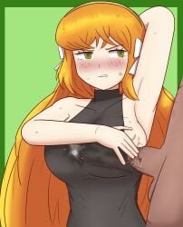 1boy 1girls annoyed arm_up armpit_sex armpits big_breasts blush boobjob clothed cum green_eyes hair_ornament ishmael_(limbus_company) leud limbus_company long_hair orange_hair project_moon sweat